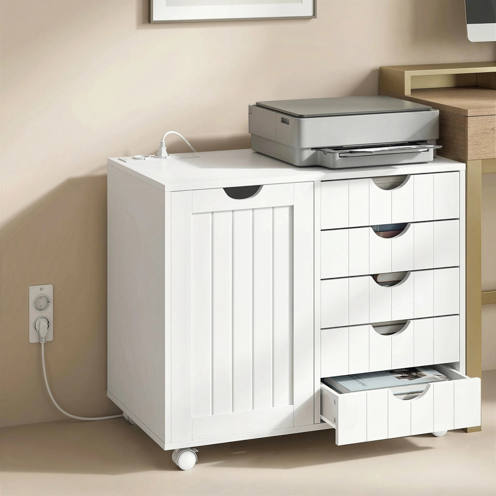 Scrivania Computer con Cassettiera Mobile ¨C Xylo ¨C 5 Cassetti Porta USB Ripiano Regolabile Ruote Bianco
