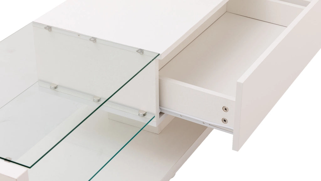 Mobile porta TV con 2 cassetti, 2 ripiani in vetro, LED variabile, bianco lucido, 170 × 36 × 38 cm