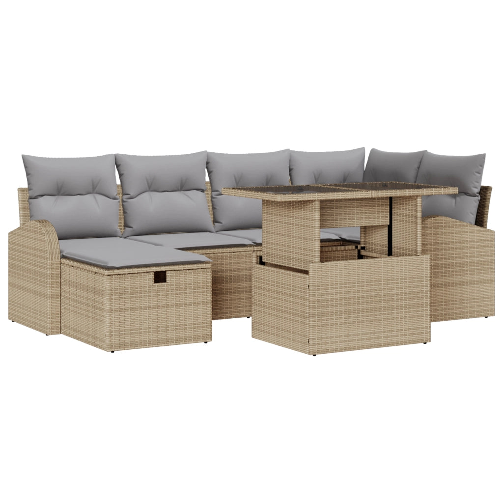 Set Divano da Giardino 7 Pezzi con Cuscini Beige Polyrattan