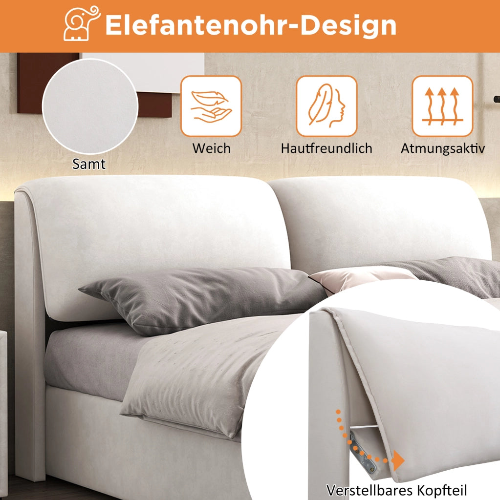 Letto imbottito in velluto beige 140 x 200 cm con contenitore e 3 cassetti
