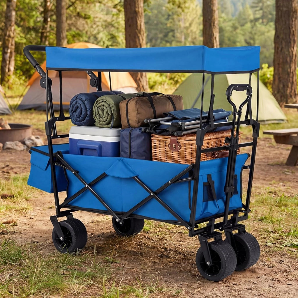 Carrello Pieghevole con Tetto, Carrello Trasportabile con Maniglia Regolabile, Borsa Portaoggetti e Ruote Grandi, Carrello da Giardino Capacità 100L, per Campeggio e Animali Domestici (Blu)