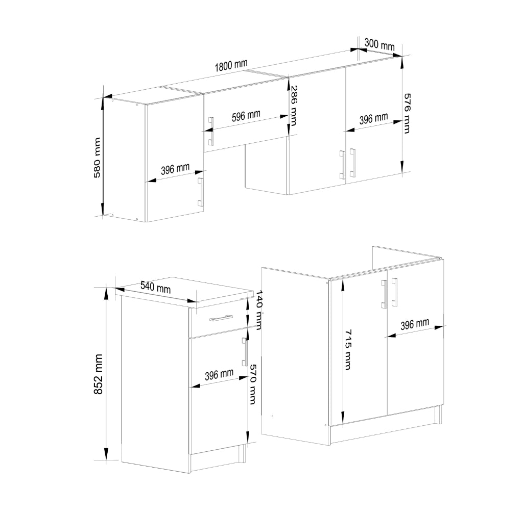 AKORD Set di Mobili da Cucina LIMA 180 cm Bianco 180 cm 7 ante 1 cassetto inserto frontale Sonoma Quercia 180x44,5x203 cm
