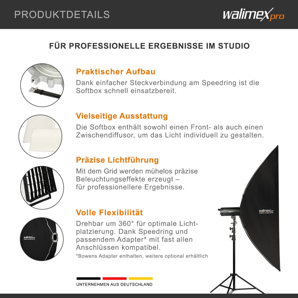 Essential Striplight Softbox 40x180cm + adattatore softbox per Hensel Expert, ruotabile a 360°, con griglia, adattatore Bowens e borsa per il trasporto