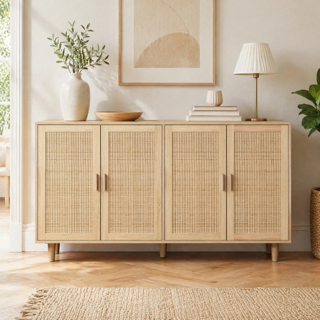 Armadio contenitore a 4 ante in rattan naturale 158 x 40 x 88 cm con ripiano regolabile