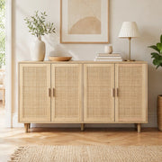 Armadio contenitore a 4 ante in rattan naturale 158 x 40 x 88 cm con ripiano regolabile