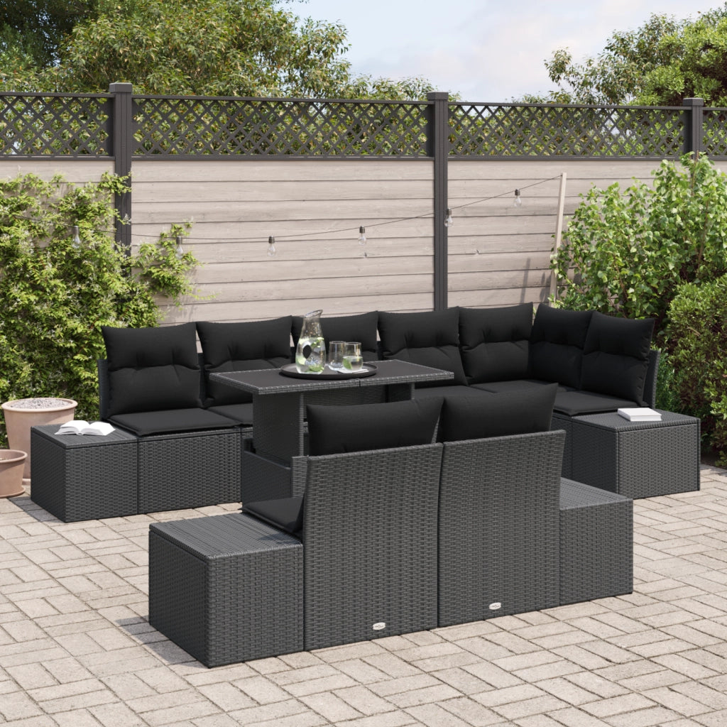 Set da Giardino 9 Pezzi con Cuscini Nero in Rattan Sintetico