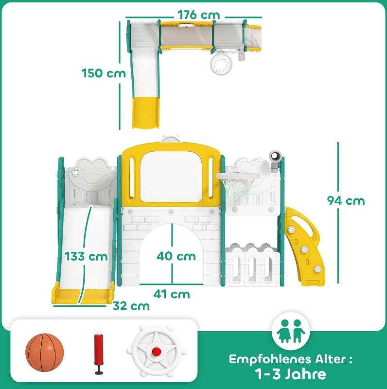 Set da arrampicata 7 in 1 per bambini con scivolo, canestro, tunnel, telescopio, parete, box e lavagna