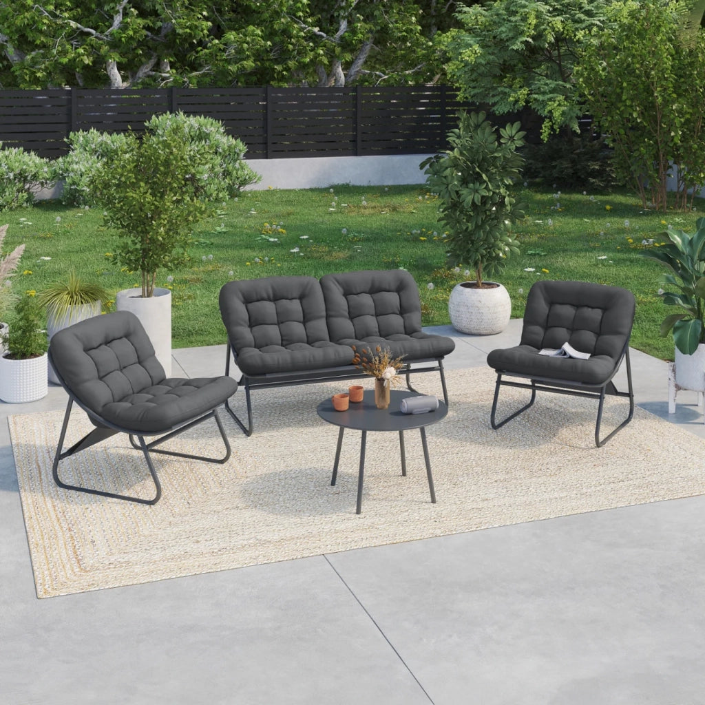 IDMarket - Set di mobili da giardino basso ARONA a 4 posti in metallo grigio antracite e cuscini grigi con divano, poltrone e tavolo