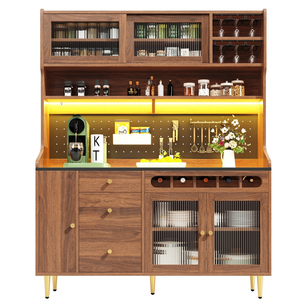 Credenza Alta da Cucina con Ripiani Regolabili; LED USB e Portabicchieri; 145 x 39 x 171 cm