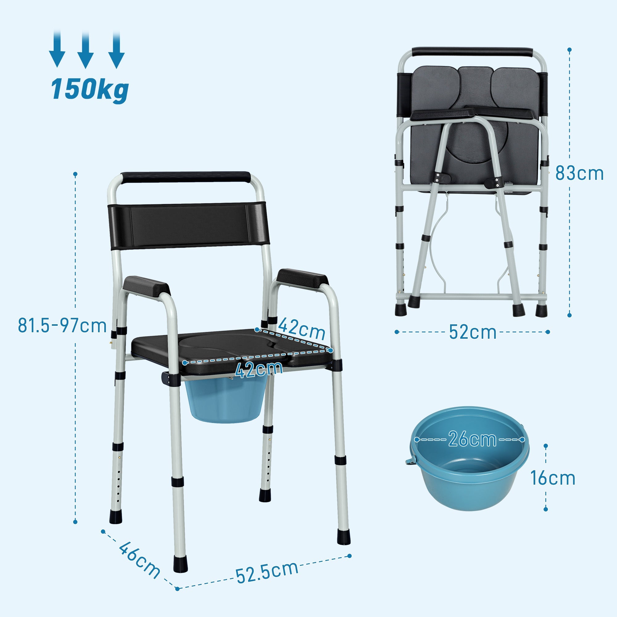 Sedia WC per Anziani e Disabili 52,5x46x81,5-97 cm Pieghevole e Regolabile in Acciaio e Pelle PU Nero