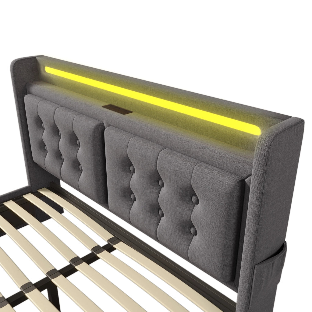 Letti contenitori 160x200 cm con LED e prese USB; cotone lino; grigio (Senza materasso)