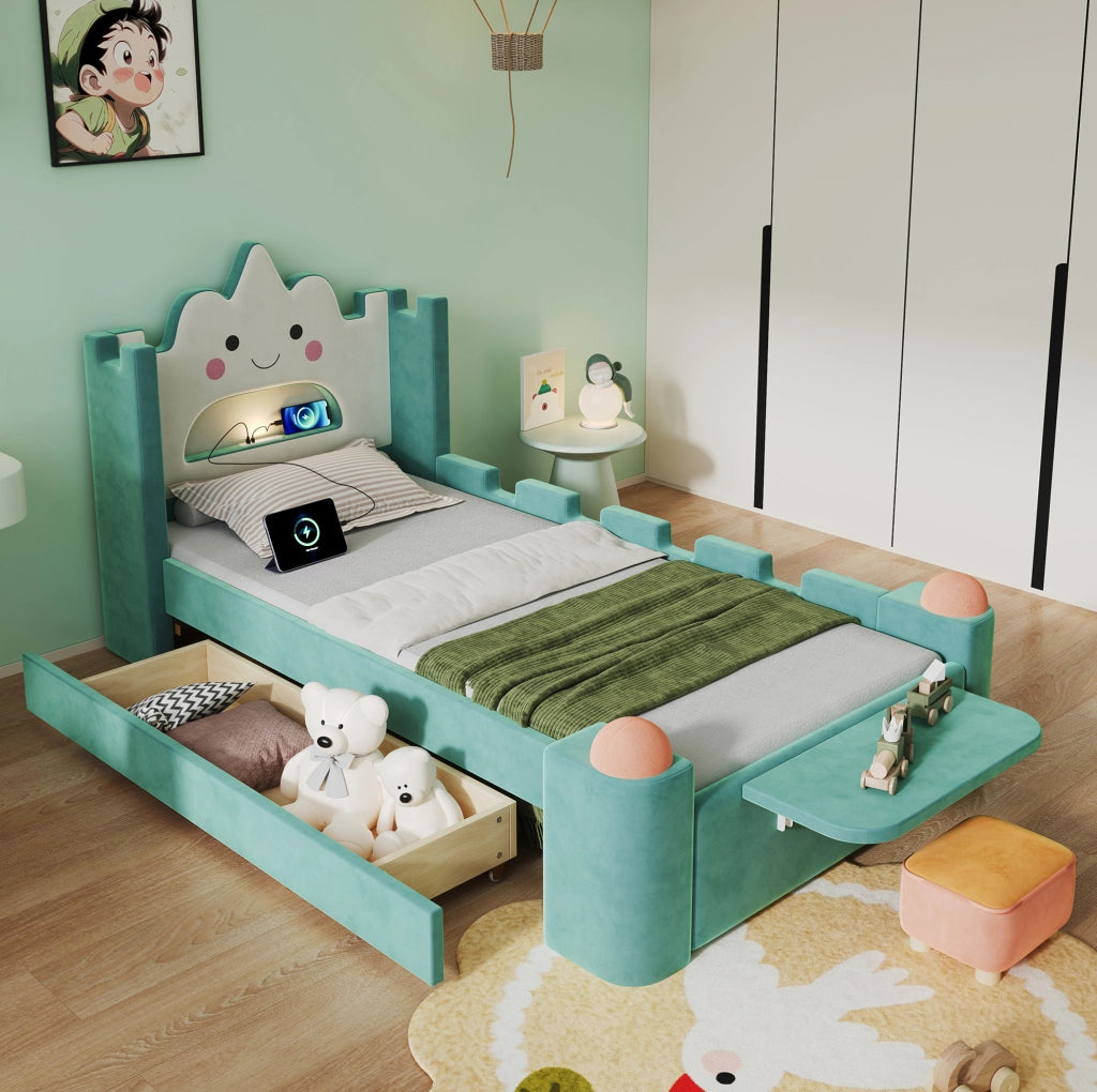 Letto imbottito 90x200 cm con lampada LED; USB e cassetto in velluto blu-verde