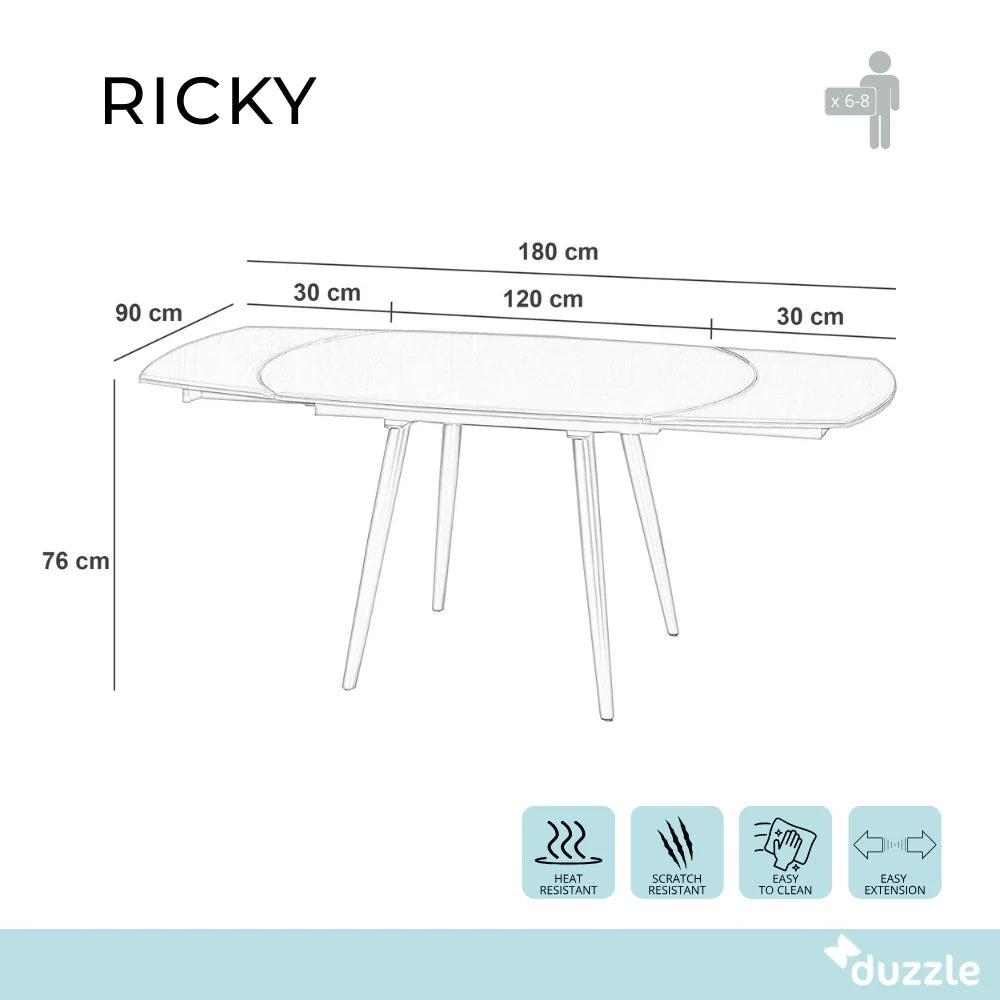 Tavolo da pranzo allungabile in vetro temperato grigio Ricky 120-180x90 cm fino a 8 posti | Duzzle