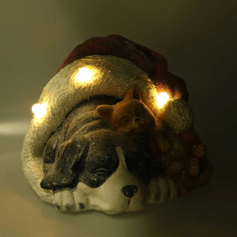 Cane resina nero con gatto, cappello e led cm 35x34h24,6