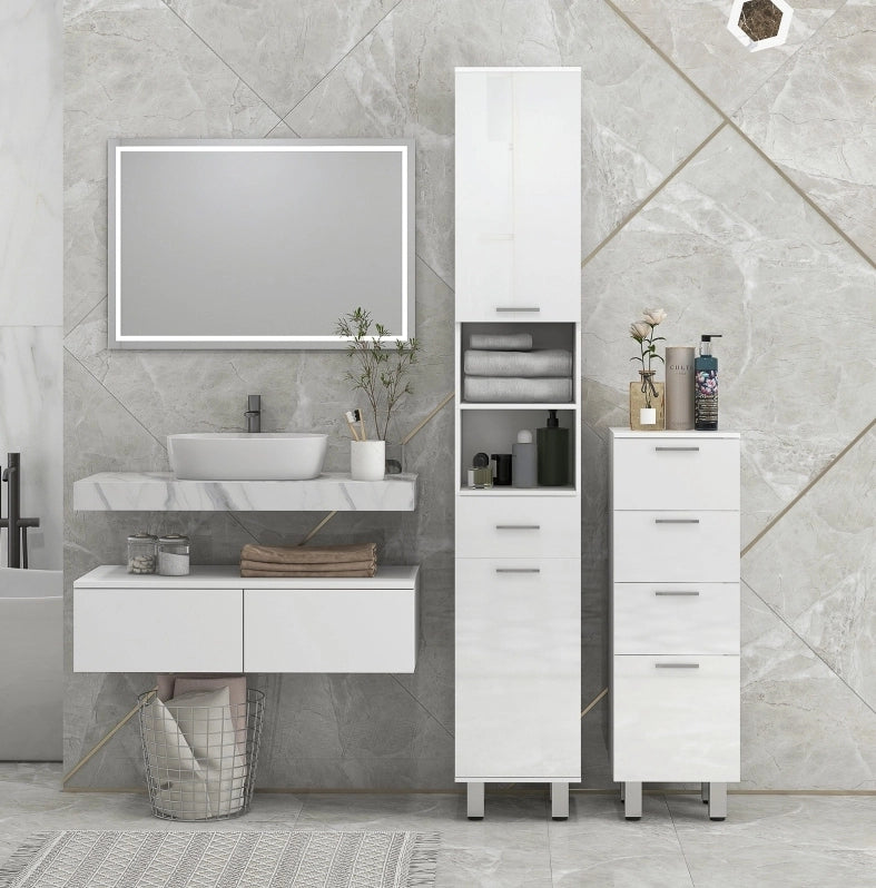 Colonna bagno salvaspazio con anta, cassetto e ripiani bianchi