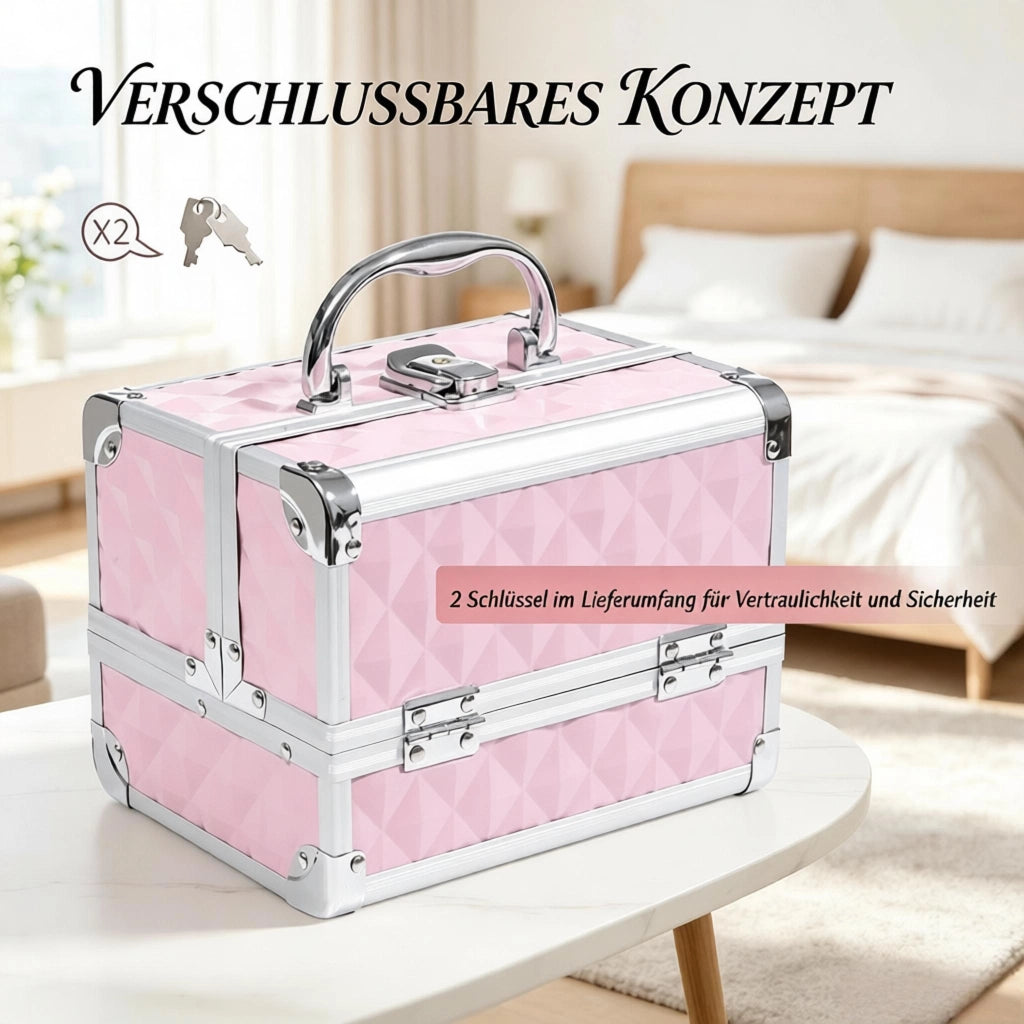 Beauty case trucco con 3 livelli; specchio e lucchetto - per viaggio - 20x15x15 cm - rosa
