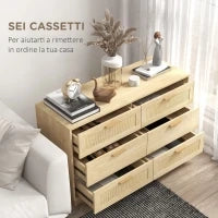 Cassettiera 6 Cassetti Stile Boho per Camera e Ingresso in Legno e Rattan, 110x40x69 cm, Rovere