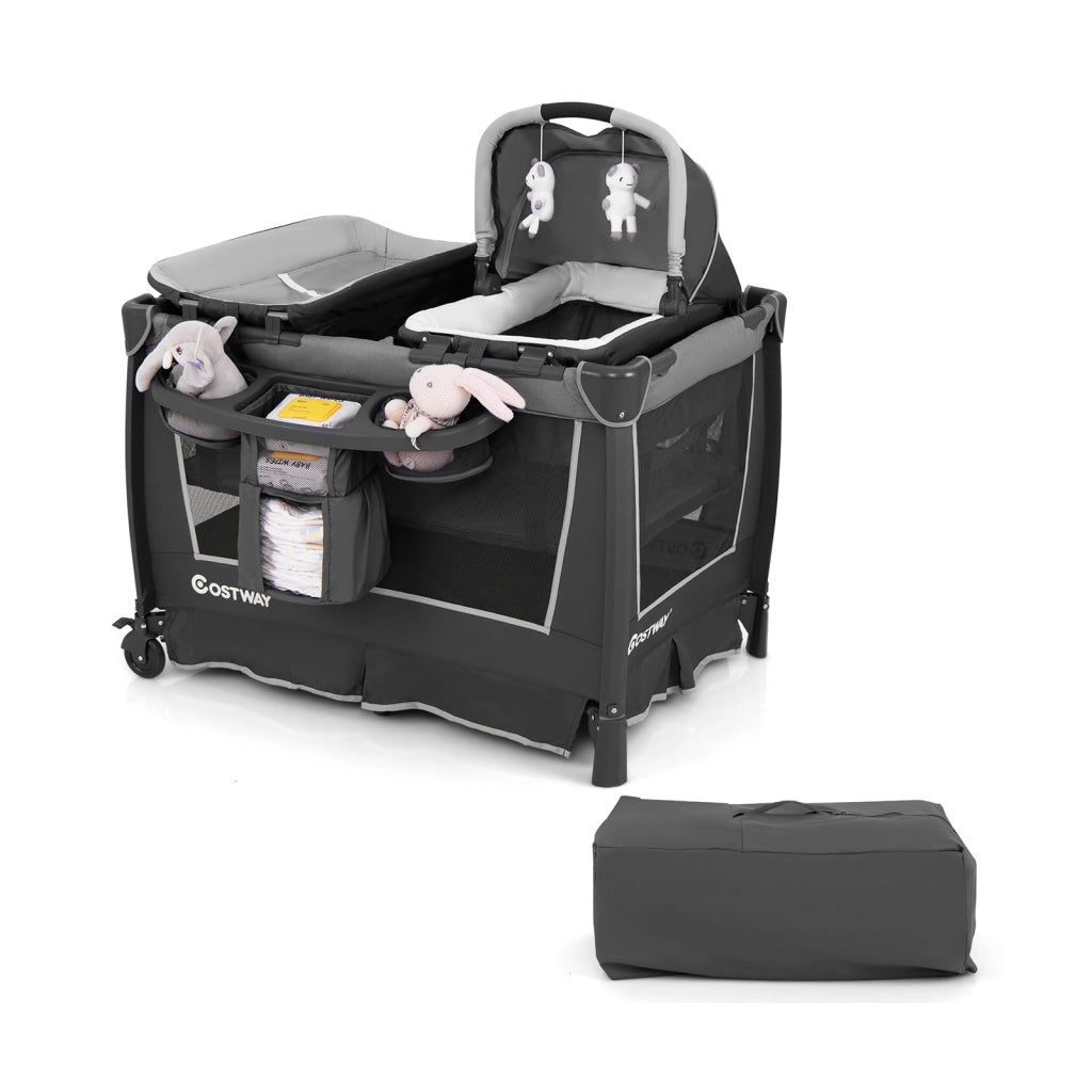 Lettino viaggio 5 in 1 pieghevole culla removibile fasciatoio materasso-Box bambini ripiano portaoggetti ruote bloccabili neonati Grigio