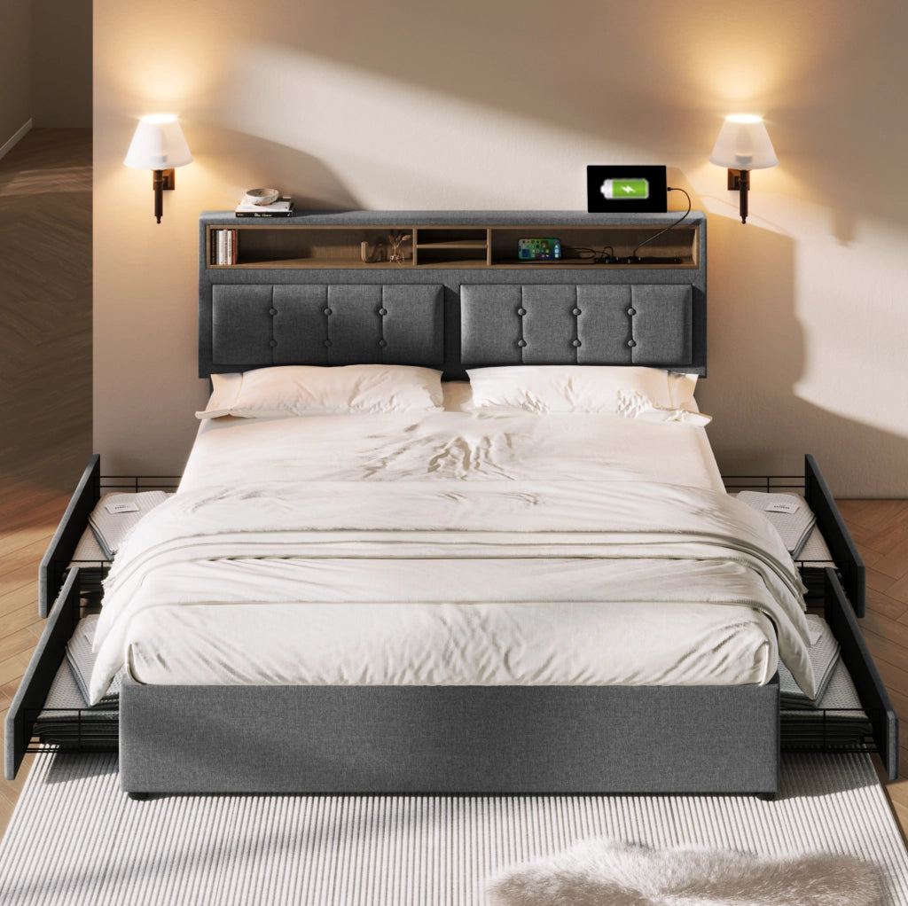 Letto imbottito 140x200 cm grigio con cassetti e prese USB-C