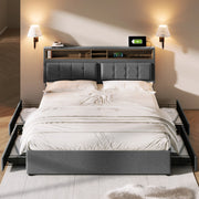 Letto imbottito 140x200 cm grigio con cassetti e prese USB-C