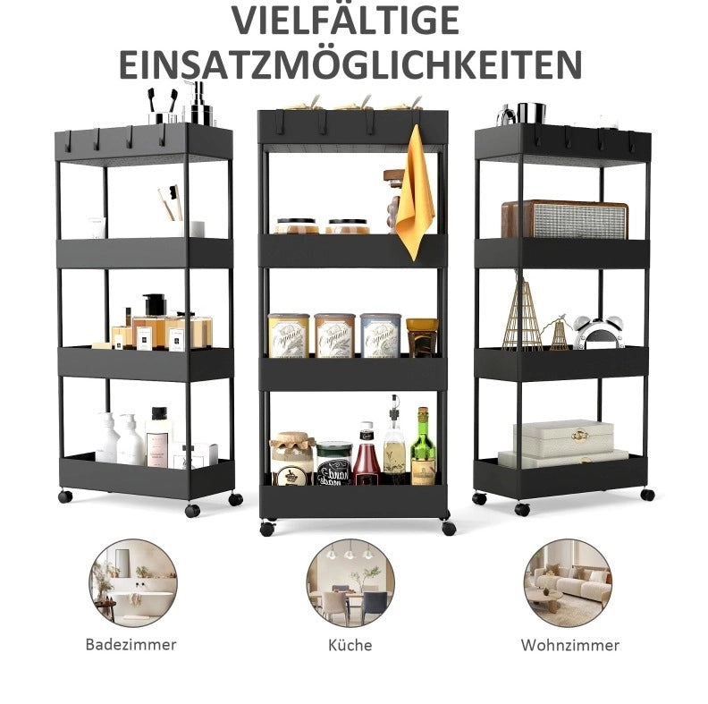 Carrello da cucina nero con 4 ripiani, ruote e freni, 40 x 19 x 90 cm, in plastica ABS
