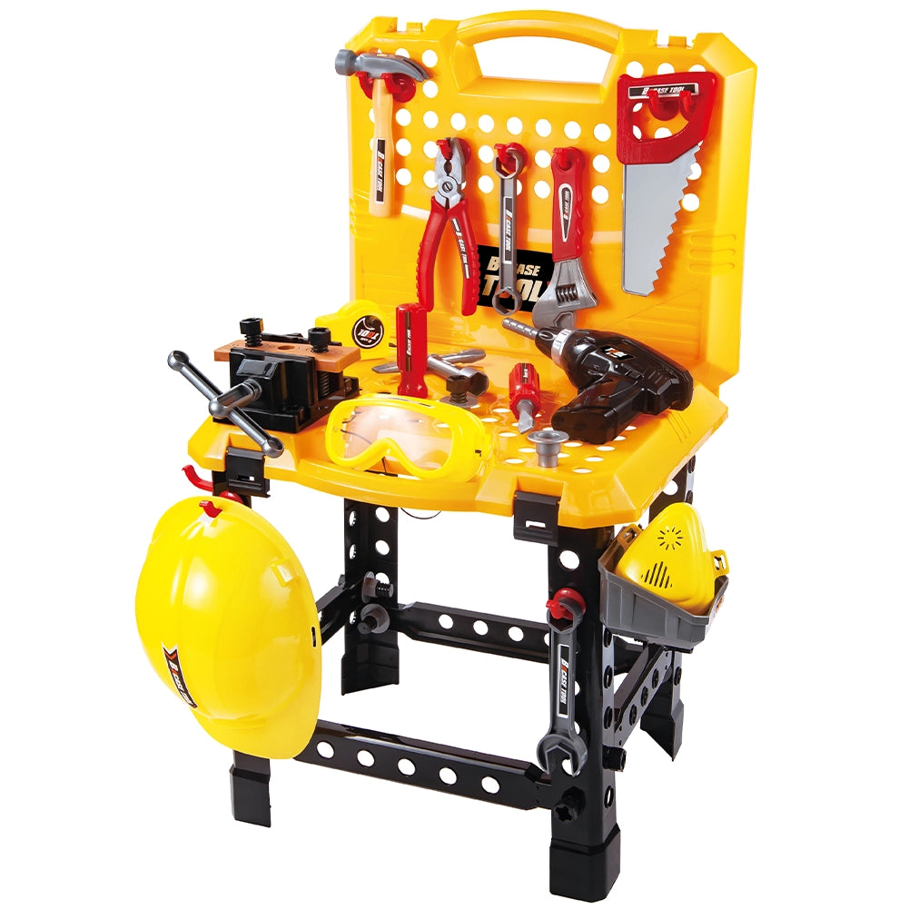 Banco per Attrezzi Fai da Te Giocattolo per Bambini Trasformabile in Valigetta con Accessori Giallo