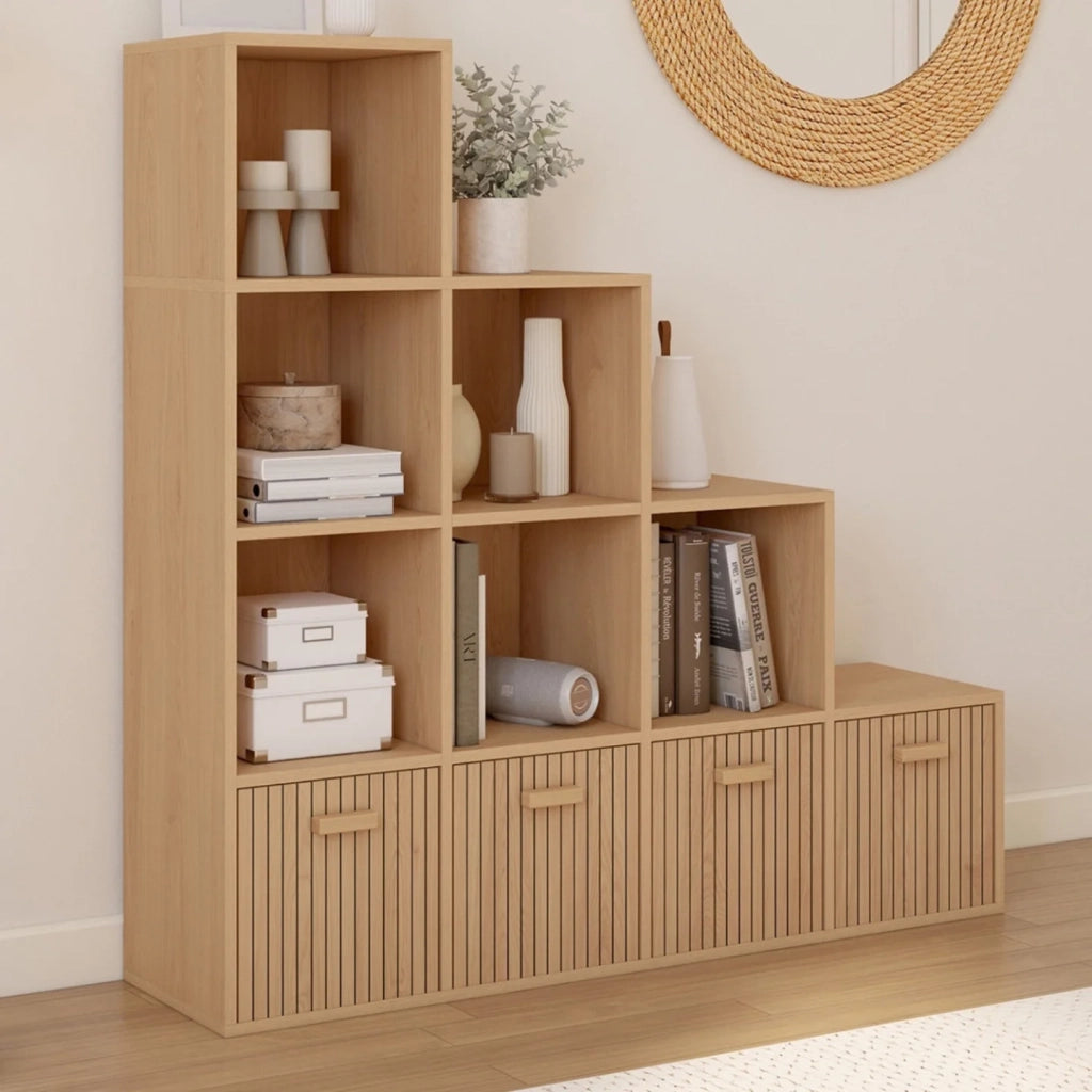 IDMarket - Contenitore LORYS JULIETTE a 4 livelli ad effetto doghe con 4 cassetti in tessuto