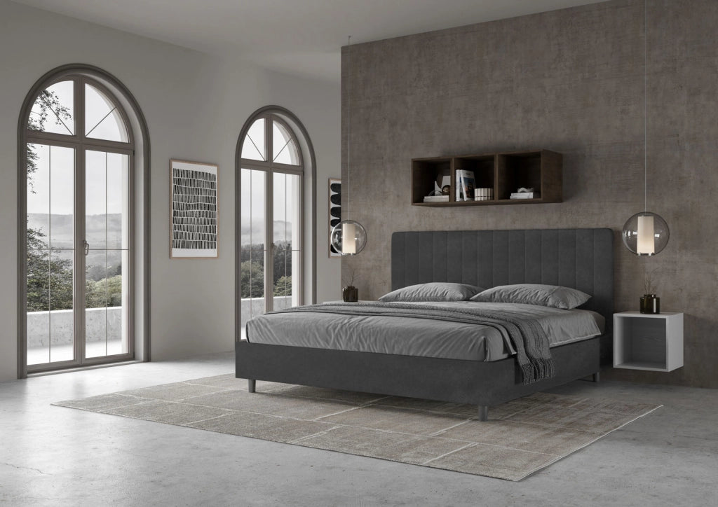 BS COM Letto matrimoniale king size con rete imbottito 200x210 microfibra grigio