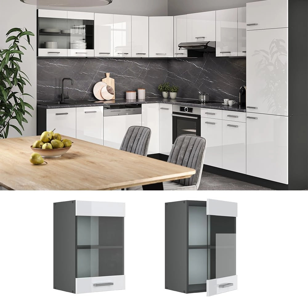Mobile da cucina in vetro R-Line, Bianco lucido, 40 cm, per la libera combinazione all'interno di sistemi cucina modulari