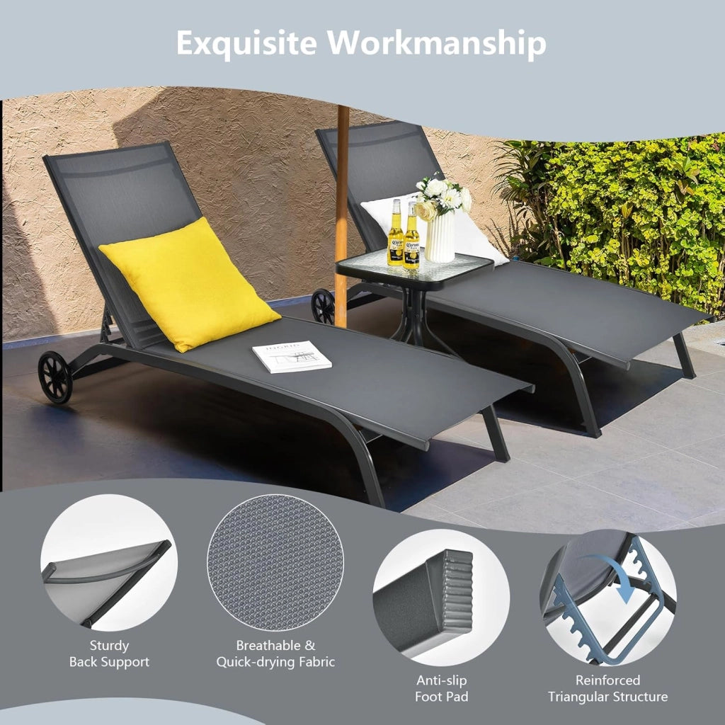 Lettino Prendisole con Ruote e Schienale Regolabile, Sedia a Sdraio da Giardino Regolabile in 6 Livelli, Lettino da Spiaggia in Tessuto Textilene Portato 150 kg per Balcone, Piscina (Grigio)