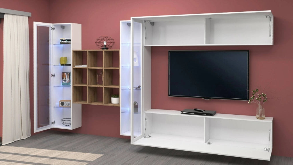 Mobile Soggiorno Avella, Parete Attrezzata 20 Ripiani Made in Italy, 350x30x180h cm Bianco Lucido