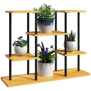Supporto Piante Interno Mensola Piante a 6 Livelli, Telaio in Acciaio, Base in Legno Massiccio, 80 x 24 x 61,5 cm, Legno Naturale