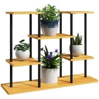 Supporto Piante Interno Mensola Piante a 6 Livelli, Telaio in Acciaio, Base in Legno Massiccio, 80 x 24 x 61,5 cm, Legno Naturale