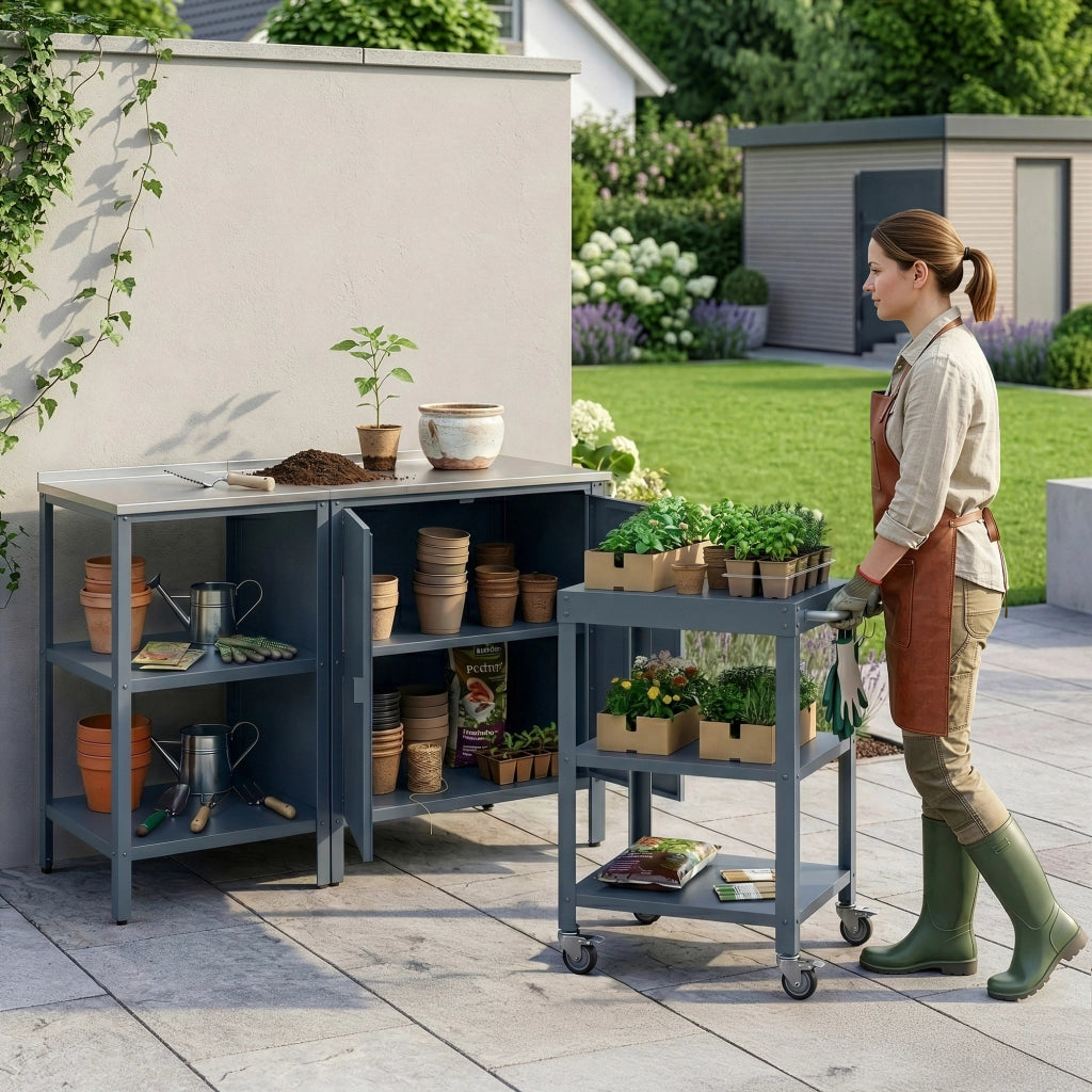 Set Bolognano Mobili da Esterno in Acciaio - Bancone Armadietto e Carrello Portavivande - Grigio scuro opaco casa.pro