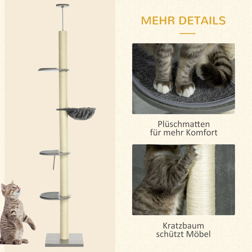 Albero tiragraffi con amaca per gatti ¨C zephmum ¨C grigio + crema 40x40x250 cm