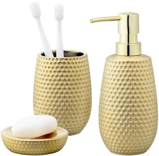 Set di accessori da bagno in ceramica dorata - 3 pezzi con dispensatore di sapone