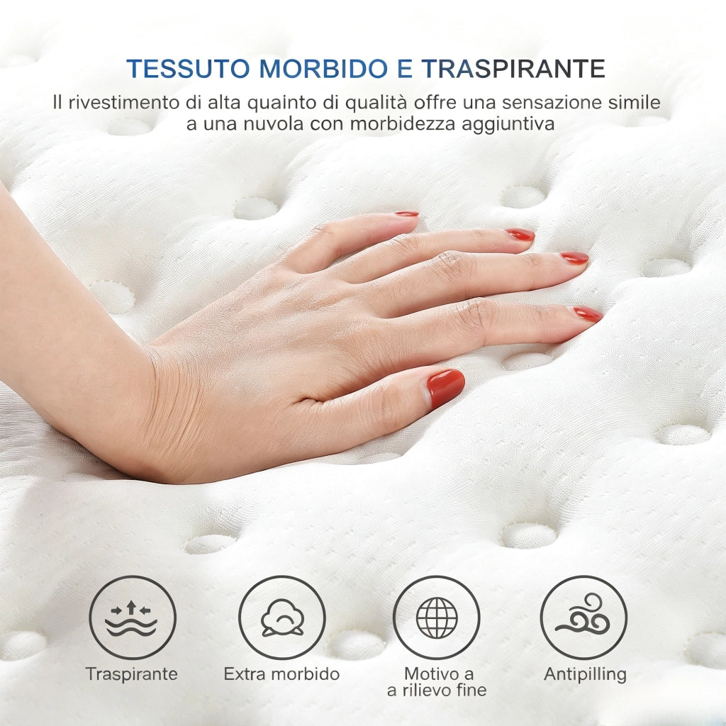 Materasso una piazza e mezza 140x200 cm 25 cm a molle insacchettate 7 zone H2 memory foam 3D Oeko-Tex ortopedico - bianco