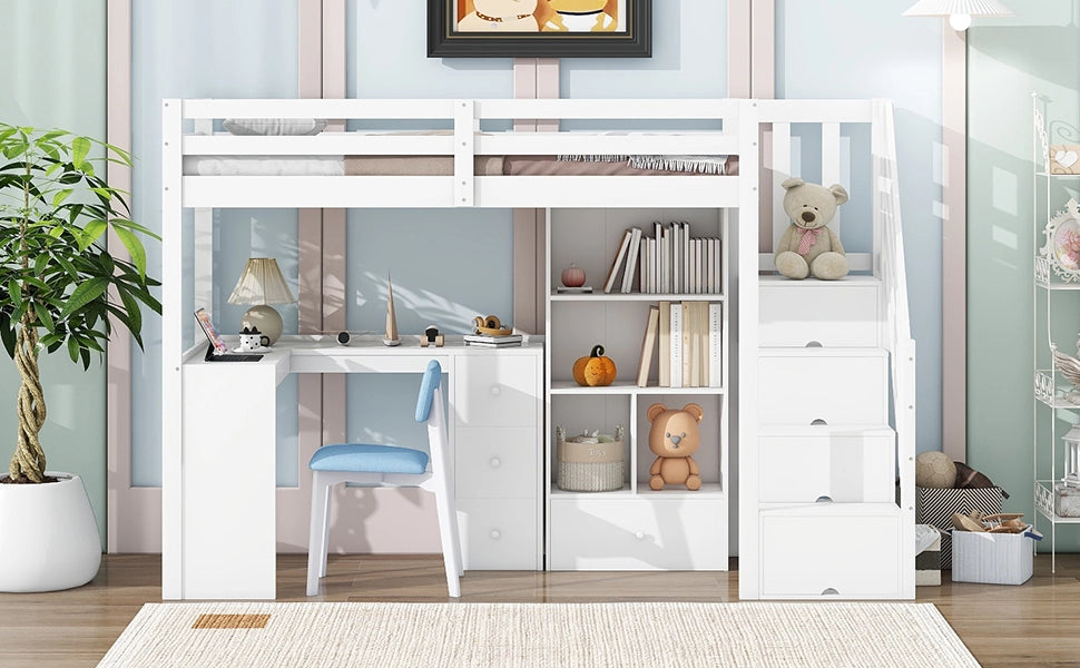 DESMIU Letto a Soppalco Letto Singolo con Scrivania, Scala Contenitore e Ripiani 90 × 200 cm, senza materasso