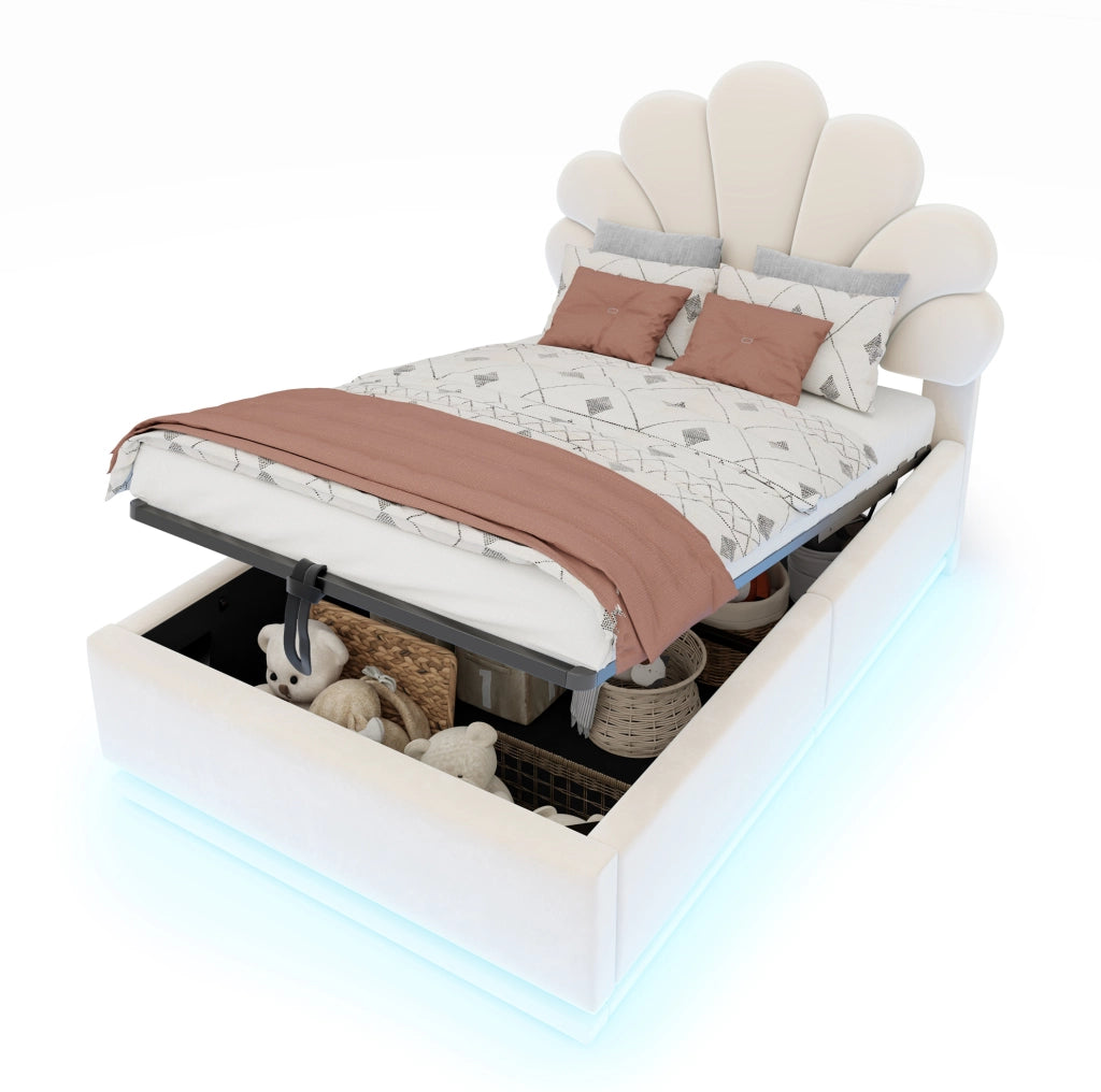 Letto singolo 90x200 cm beige con LED e contenitore