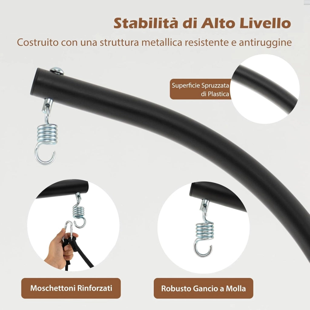Sedia Sospesa Pieghevole con Supporto, Poltrona Sospesa Corda con Cuscini per Seduta e Schienale, Telaio in Metallo, Sedia Amaca per Interno, Esterno, Balcone e Giardino, Portata 150 kg