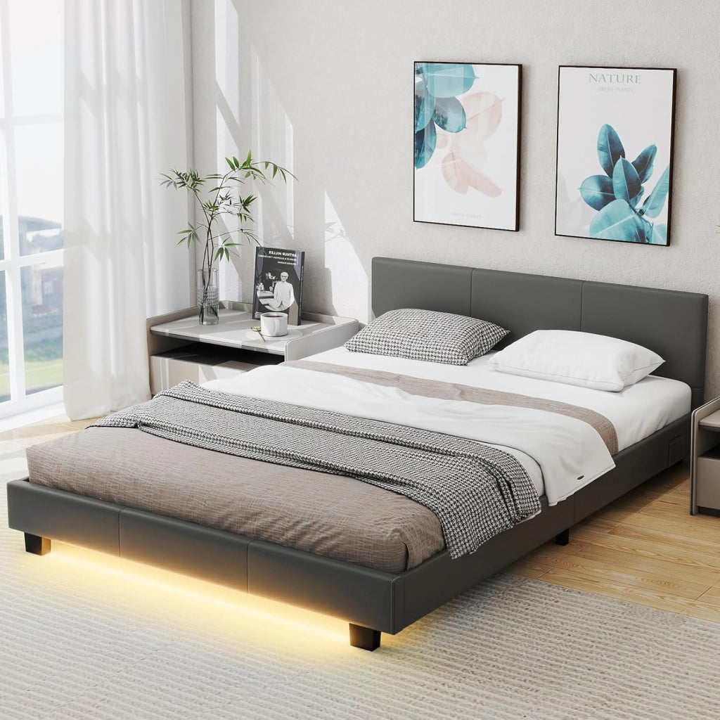 Letto Matrimoniale in Legno, Struttura per Letto Con Testiera Imbottita Luce LED Multicolore e Telecomando, Carico 200 kg, Silenzioso (Grigio)