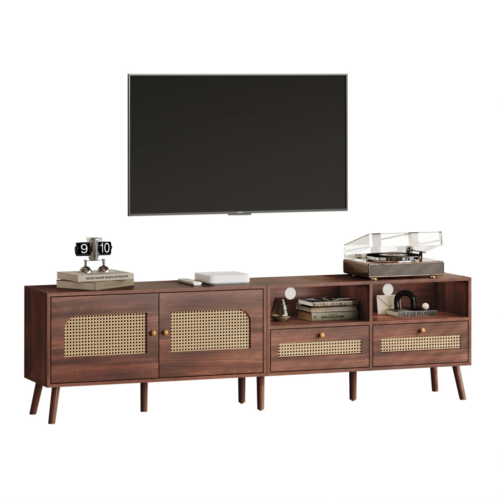 Mobile TV 200x37x49.5 cm per TV fino a 80 pollici con 2 ante in rattan e 2 cassetti; pannello truciolare; marrone