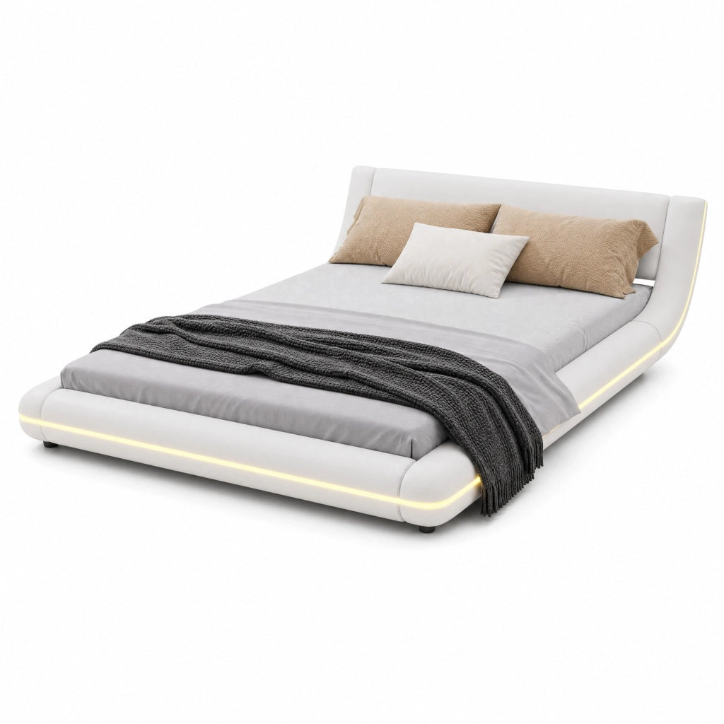 Letto basso 140x200 cm in PU bianco con LED ambienti, struttura in MDF