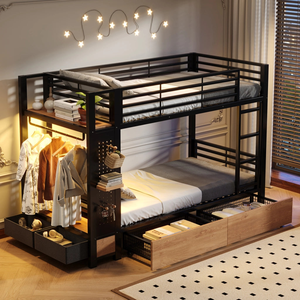 Letto a castello in metallo con 4 cassetti e LED, 90x200 cm, nero
