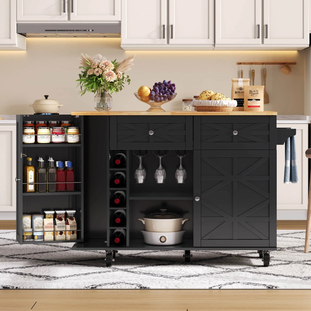 Isola cucina con piano ribaltabile, 1 porta, 2 cassetti, ruote bloccabili, nero, 120 x 45(70) x 89 cm