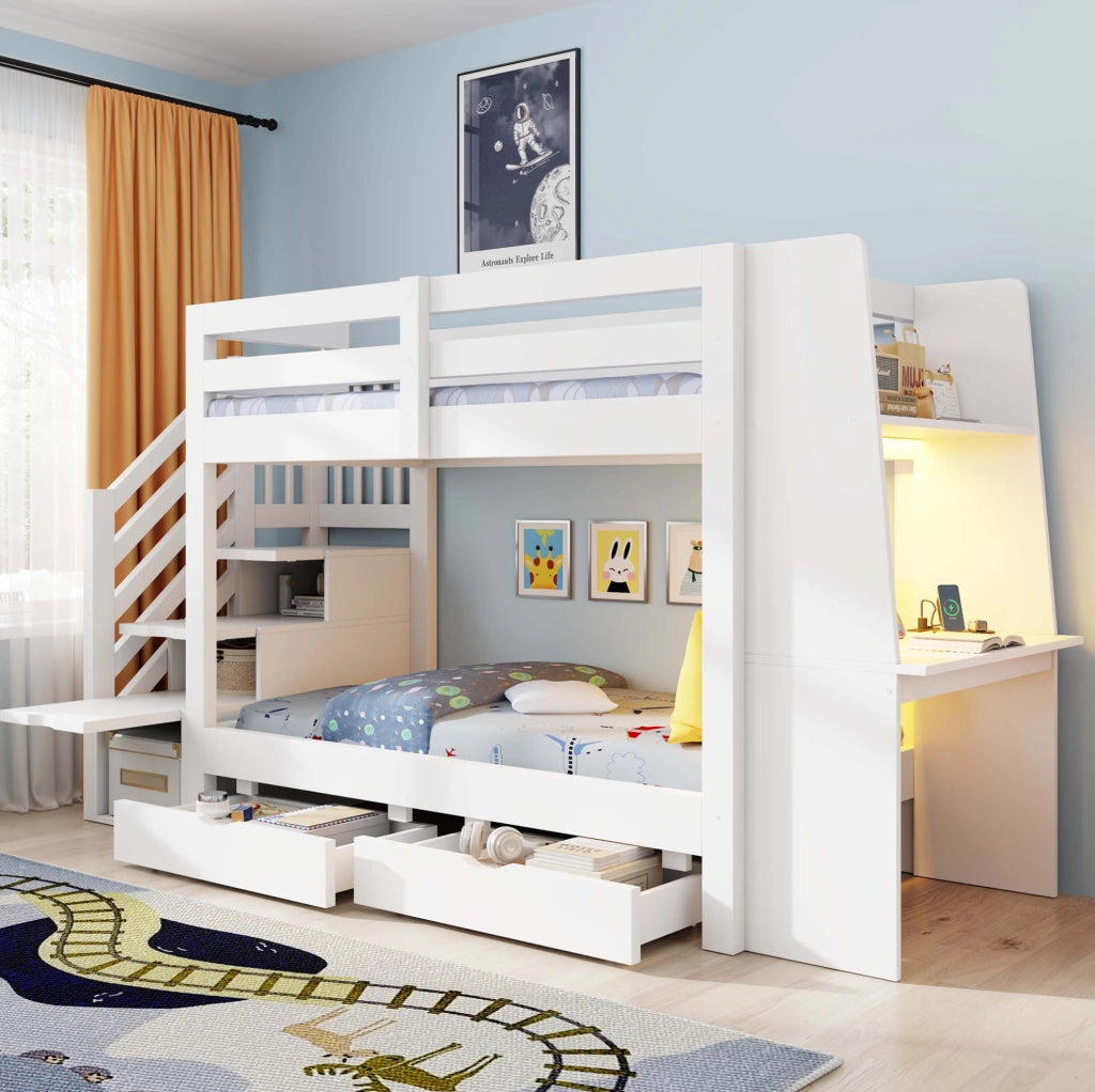 Letto a soppalco per bambini 90x200 cm in legno; con scrivania; LED e cassetti; bianco