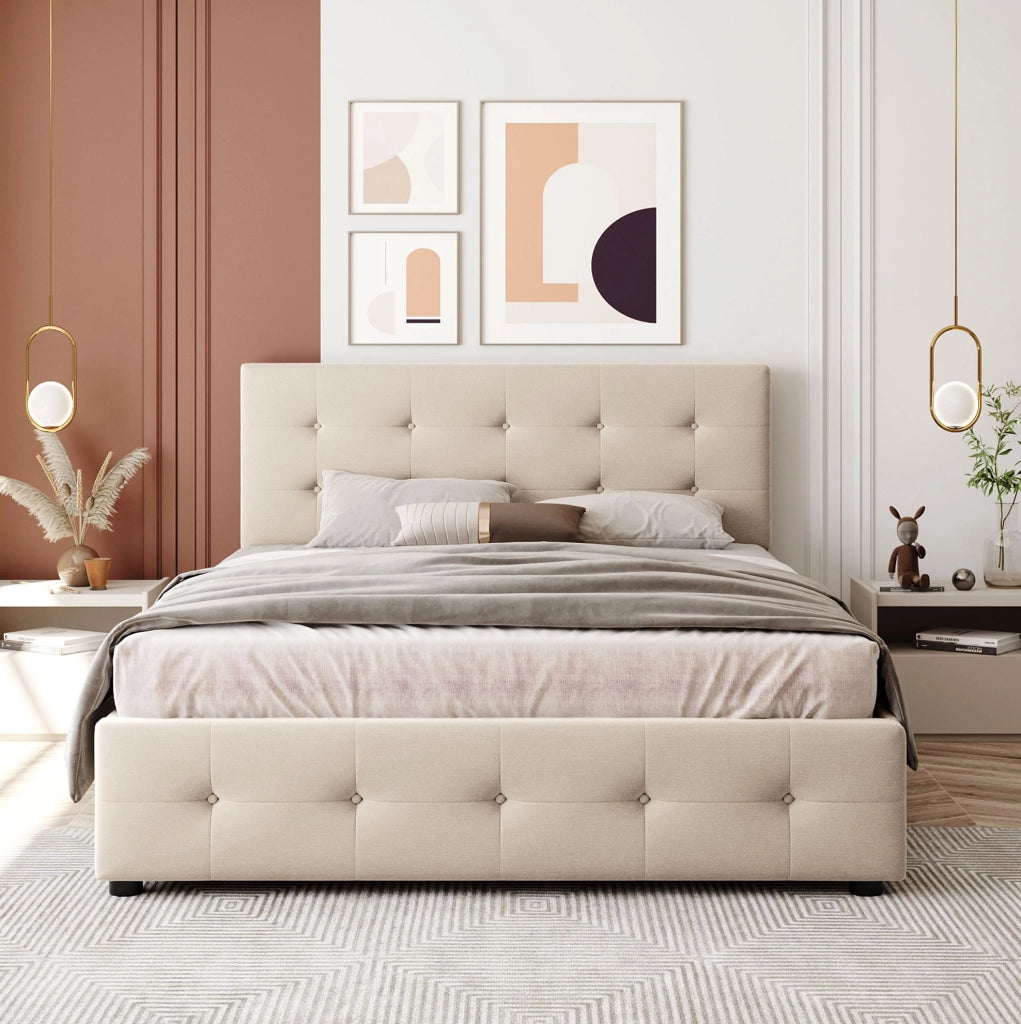 Letto imbottito 140x200 cm con 4 cassetti; struttura in acciaio; beige