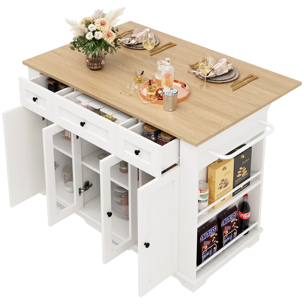 Isola Cucina con Ripiani e Vetro Temperato ¨C Xylo ¨C Bianco, Piano in Legno
