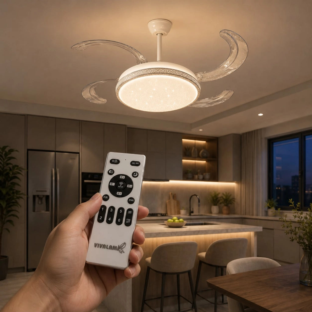Ventilatore da Soffitto LED 80W 42" con 4 Pale Retrattili, Telecomando, Luce Dimmerabile Calda Naturale Fredda - Bianco