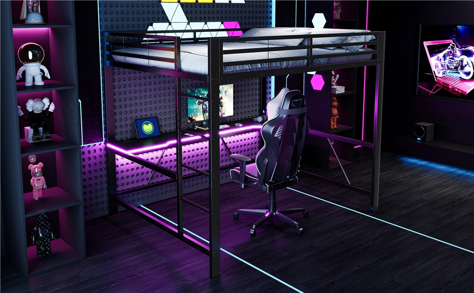 Letto a soppalco 160 × 200 cm con scrivania, luci LED, USB e barriera di sicurezza, senza materasso, nero